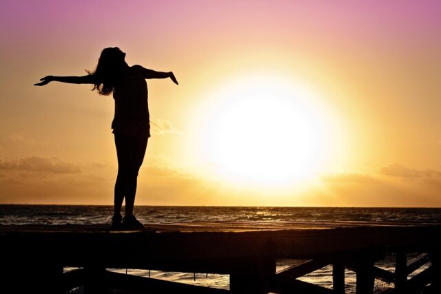 woman, girl, freedom, happy, sun, silhouette, sunrise, beach, sunset, nature, dusk, dawn, twilight